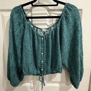 American Eagle Outfitters Teal Button-Down Cropped Blouse